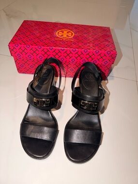 Tory Burch Black Leather Logo Strap Slingback Sandals